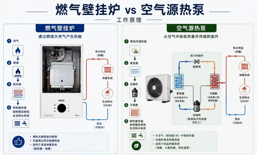 燃气壁挂炉与热泵工作原理对比图